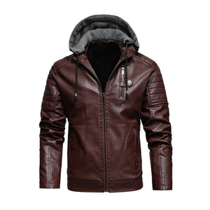 Men's Vintage Hooded Fleece Warm Zip-Up Slim Fit Leather Jacket