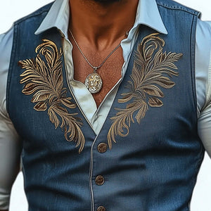 Men's Western Cowboy Style Button Up Check Embroidered Vest