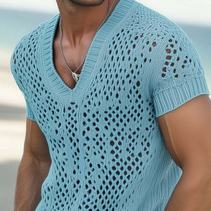 Men's Summer Fashion V-neck Knitted Mesh Breathable T-shirt