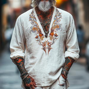 Men's Vintage Casual V-Neck Cotton Blend Embroidered Long Sleeve T-Shirt