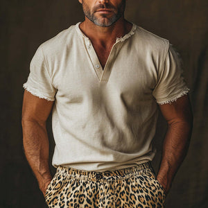 Men's Summer Comfortable Light Khaki V-Neck Raw Edge T-Shirt