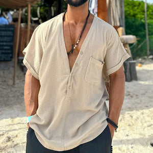 Men's Cotton And Linen V-Neck Short Sleeve Shirt