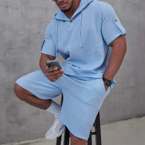 Men's Cotton And Linen Solid Color Short-Sleeved Shorts Two-Piece Set