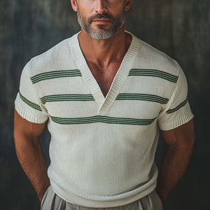 Men's Retro V-neck Knitted Short Sleeve T-shirt