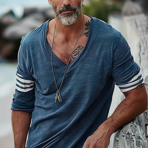 Men's Loose V-Neck Striped Patchwork Long-Sleeved T-Shirt