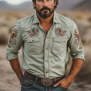 Men's Casual Embroidered Lapel Long Sleeve Shirt
