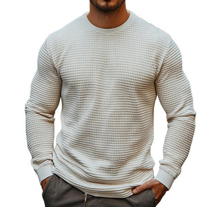 Men's Retro Casual Solid Color Waffle Round Neck Long Sleeve T-Shirt