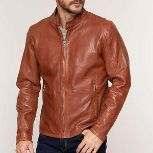 Men's Vintage Orange Snap Collar Zipper Leather Jacket
