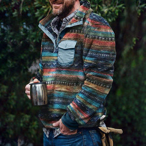 Men's Retro Casual Color Striped Flannel Stand Collar Sweatshirt