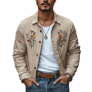 Men's Casual Linen Floral Embroidery Lapel Loose Long Sleeve Shirt