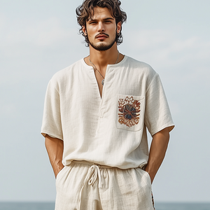 Men's Spring And Summer Casual V-neck Cotton And Linen Embroidered Short-sleeved T-shirt