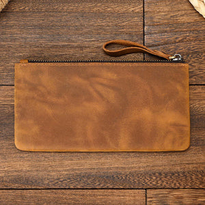 Men's Vintage Crazy Horse Leather Large Capacity Zip Long Wallet