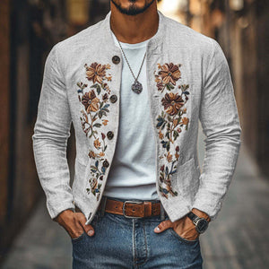 Men's Casual Linen Embroidered Stand Collar Single Breasted Slim Fit Jacket