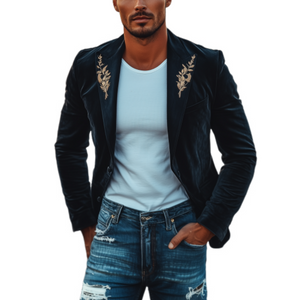 Men's Fashion American Retro Slim Velvet Embroidered Blazer