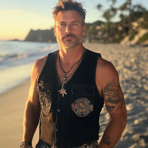 Men's Summer Retro Washed Distressed Denim Embroidered Vest