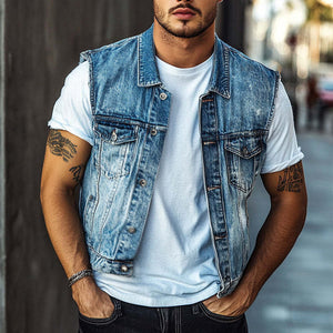 Men's Vintage Blue Washed Denim Lapel Vest
