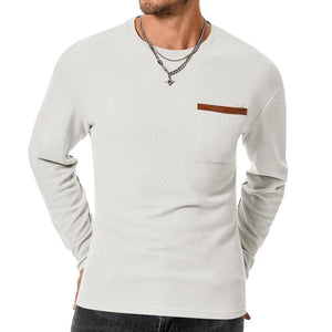 Men's Casual Waffle Round Neck Patch Pocket Slim Fit Long Sleeve T-Shirt