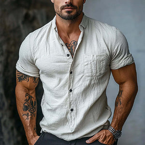 Men's Cotton Solid Color Lapel Short Sleeve Shirt