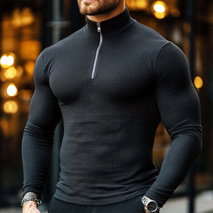 Men's Retro Casual Solid Color Waffle Zipper Stand Collar Long Sleeve T-Shirt