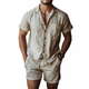 Men's Casual Linen Lapel Short Sleeve Shirt Elastic Waist Shorts Set