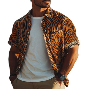 Men's Summer Retro Tiger Print Casual Short Sleeve Shirt