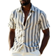 Men's Casual Cotton Blend Striped Lapel Loose Short Sleeve Shirt