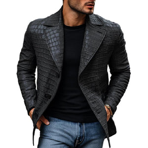 Men's Vintage Stone Pattern Leather Notched Lapel Slim Fit Blazer