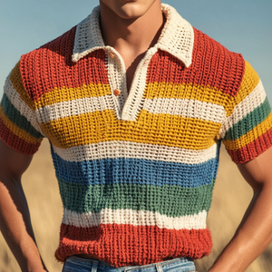 Men's Casual Rainbow Striped Lapel Knitted Short Sleeve Polo Shirt