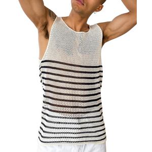 Men's Casual Round Neck Hollow Stripe Knitted Tank Top