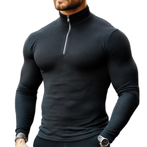 Men's Retro Casual Solid Color Waffle Zipper Stand Collar Long Sleeve T-Shirt