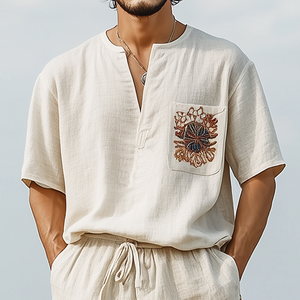 Men's Spring And Summer Casual V-neck Cotton And Linen Embroidered Short-sleeved T-shirt