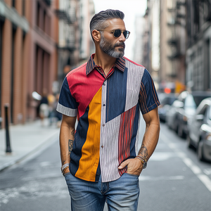 Men's Retro Fashion Casual Striped Contrast Chiffon Short Sleeve Shirt