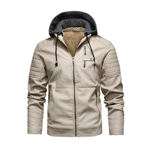 Men's Vintage Hooded Fleece Warm Zip-Up Slim Fit Leather Jacket