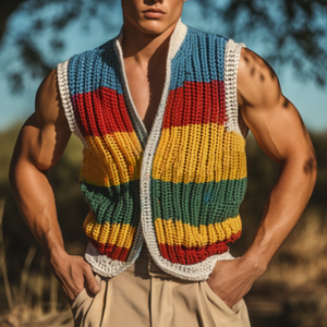 Men's Casual V-neck Colorful Striped Single-breasted Knitted Vacation Vest