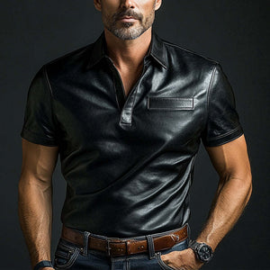Men's Plain Black Leather Short Sleeve T-Shirt
