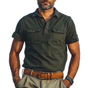 Men's Summer Distressed Polo Collar Double Pocket Casual T-Shirt