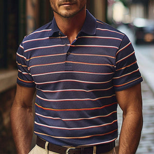 Men's Casual Striped Print Short-sleeved Breathable Polo Shirt