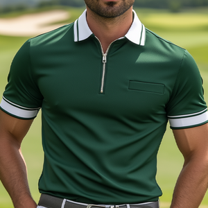Men's Fashion Casual Contrast Color Zipper Golf Short Sleeve POLO Shirt