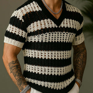 Men's Knitted Contrast Color V-neck Short-sleeved Sweater T-Shirt