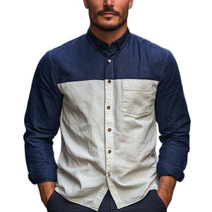 Men's Cotton And Linen Contrast Stitching Basic Long-Sleeved Shirt