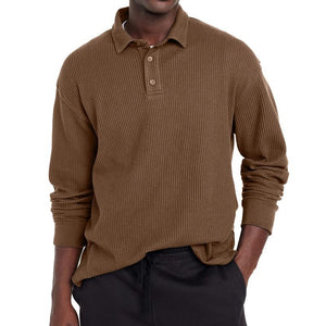 Men's Casual Solid Color Button Lapel Long Sleeve Polo Shirt