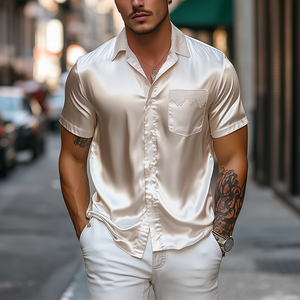 Men's Spring And Summer Fashion Pocket Lace Stitching Satin Short Sleeve Shirt
