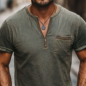 Men's Dark Green Distressed Half-Zip Casual Skin Friendly T-Shirt