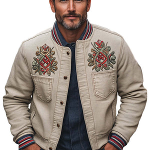 Men's Khaki Grainy Textured Embroidered Jacket
