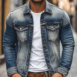 Men's Vintage Denim Heavy Wash Lapel Single Breasted Slim Fit Jacket