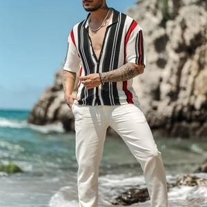 Men's Knit Striped Lapel Lapel Short Sleeve Polo Shirt