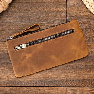 Men's Vintage Crazy Horse Leather Large Capacity Zip Long Wallet