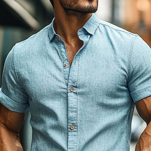 Men's Cotton And Linen Casual Lapel Short-Sleeved Shirt