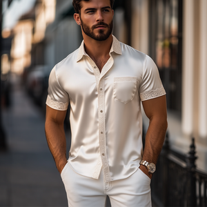 Men's Spring And Summer Fashionable Sexy Lace Stitching Satin Short-sleeved Shirt