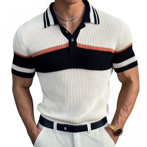 Men's Casual Contrast Lapel Slim Fit Knitted Short Sleeve Polo Shirt